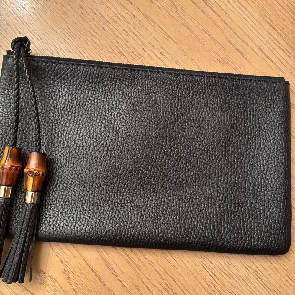 Gucci black  pebbled leather large clutch new